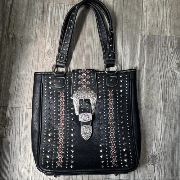 The Montana West Black Leather Studded Shoulder Purse. NWOT - Picture 2 of 5